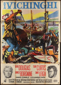 9p1661 VIKINGS Italian 2p R1960 art of Kirk Douglas, Tony Curtis & Ernest Borgnine over longships!