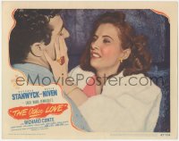 9p1223 OTHER LOVE LC #5 1947 close up of struggling Barbara Stanwyck fending off Gilbert Roland!