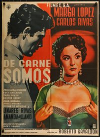 9p0103 DE CARNE SOMOS Mexican poster 1955 artwork of sexy Marga Lopez pulling her shirt open!