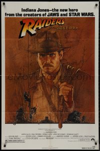 9p0592 RAIDERS OF THE LOST ARK 1sh 1981 great art of adventurer Harrison Ford by Richard Amsel