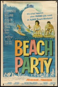 9r0134 BEACH PARTY 40x60 1963 Frankie Avalon & Annette Funicello riding a wave on surf boards!