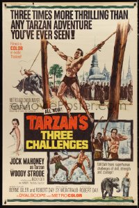 9r0173 TARZAN'S THREE CHALLENGES 40x60 1963 Edgar Rice Burroughs, artwork of bound Jock Mahoney!