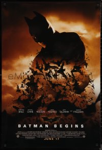 9r1066 BATMAN BEGINS advance 1sh 2005 June 17, image of Christian Bale's head surrounded by bats!