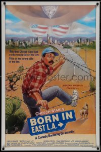 9r1088 BORN IN EAST L.A. 1sh 1987 great artwork of Cheech Marin crossing the border!