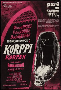 9r0264 RAVEN Finnish 1964 Boris Karloff, Vincent Price & Peter Lorre, art of bird/skull by R. Kanz!