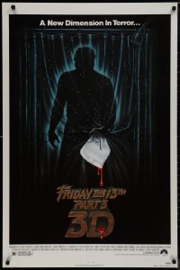 9r1155 FRIDAY THE 13th PART 3 - 3D 1sh 1982 slasher sequel, art of Jason stabbing through shower!