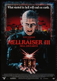 9r0272 HELLRAISER III: HELL ON EARTH 27x39 video poster 1992 Clive Barker, Pinhead holding cube!