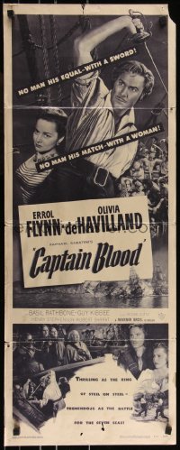 9r0493 CAPTAIN BLOOD insert R1951 Errol Flynn, Olivia de Havilland, Michael Curtiz classic!