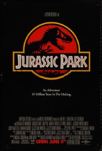 9r1242 JURASSIC PARK advance 1sh 1993 Steven Spielberg, classic logo with T-Rex over red background