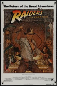 9r1352 RAIDERS OF THE LOST ARK 1sh R1982 great Richard Amsel art of adventurer Harrison Ford!