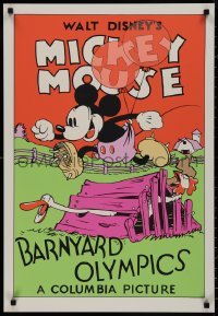 9r0348 BARNYARD OLYMPICS 21x31 art print 1970s-80s art of Mickey Mouse jumping over chicken coop!