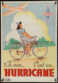 9r0260 HURRICANE 23x33 Belgian advertising poster 1950s woman riding a bicycle, airplane!