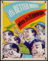 9r0418 IT'S BETTER WORK WHEN IT'S TEAMWORK 17x22 motivational poster 1950s people cheering w/flags!