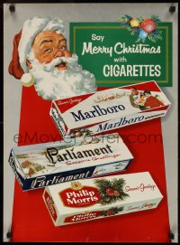 9r0261 SAY MERRY CHRISTMAS WITH CIGARETTES 19x26 advertising poster 1950s art of Santa & cigs!