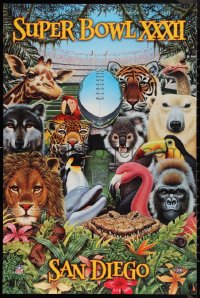 9r0621 SUPER BOWL XXXII 24x36 special poster 1998 great Richard Cowdrey art of zoo animals!