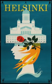 9r0444 HELSINKI 25x39 Finnish travel poster 1962 Martti Mykkanen art of Cathedral on woman's head!