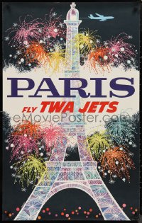 9r0451 TWA PARIS 25x40 travel poster 1960s great David Klein art of Eiffel Tower & fireworks!