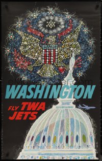 9r0452 TWA WASHINGTON 25x40 travel poster 1958 patriotic David Klein art of Capitol building!