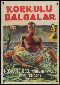 9r0543 FLOODS OF FEAR Turkish 1959 art of barechested Howard Keel holding sexy Anne Heywood!