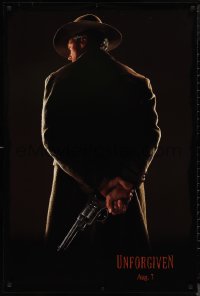 9r1463 UNFORGIVEN teaser DS 1sh 1992 image of gunslinger Clint Eastwood w/back turned, dated design!