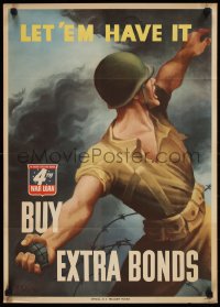 9r0275 LET 'EM HAVE IT BUY EXTRA BONDS 20x28 WWII war poster 1943 Perlin art of soldier w/ grenade!