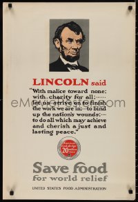 9r0276 SAVE FOOD FOR WORLD RELIEF 20x30 WWI war poster 1910s President Abraham Lincoln quote!