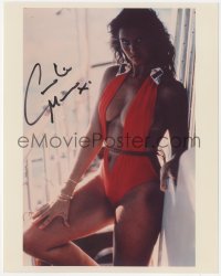 9s1376 CAROLINE MUNRO signed color 8x10 REPRO photo 1990s sexy portrait in skimpy red swimsuit!