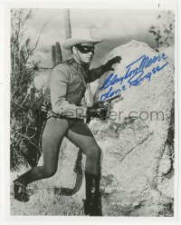 9s1229 CLAYTON MOORE signed 8x10 REPRO photo 1990s great c/u as the Lone Ranger w/ gun drawn by rock!