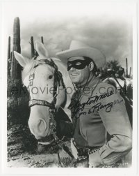 9s1228 CLAYTON MOORE signed 8x10 REPRO still 1980s great portrait as the Lone Ranger with Silver!