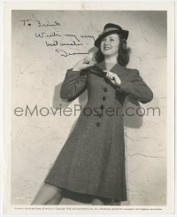 9s0952 DEANNA DURBIN signed 8.25x10 still 1940 Universal studio portrait modeling cool coat & hat!
