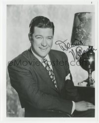 9s1234 DENNIS MORGAN signed 8x10 REPRO photo 1980s great seated smiling portrait wearing suit & tie!