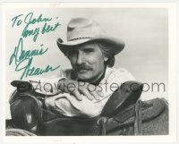9s1235 DENNIS WEAVER signed 8x10 REPRO 1980s great portrait wearing cowboy hat & resting on saddle!