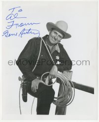 9s1253 GENE AUTRY signed 8x10 REPRO photo 1980s great cowboy portrait with lasso, gun & tin star!
