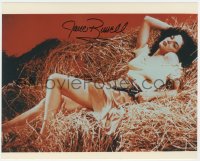 9s1395 JANE RUSSELL signed color 8x10 REPRO still 1980s classic portrait in haystack from The Outlaw!