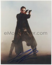 9s1403 KEANU REEVES signed color 8x10 REPRO photo 2000s as Neo from The Matrix with two guns!