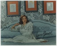 9s1405 LAUREN BACALL signed color 8x10 REPRO photo 1980s the Hollywood legend sitting on her bed!