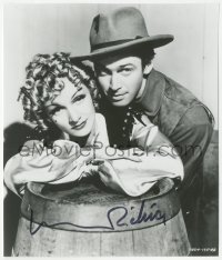 9s1324 MARLENE DIETRICH signed 7.25x8.5 REPRO still 1980s with James Stewart in Destry Rides Again!