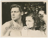 9s1092 MAUREEN O'SULLIVAN signed 8x10 still 1940s super close up with Johnny Weissmuller as Tarzan!