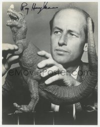 9s1340 RAY HARRYHAUSEN signed 8x10 REPRO photo 1980s w/ the dinosaur from One Million Years B.C.!