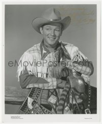 9s1348 ROY ROGERS signed 8x9.75 REPRO photo 1980s great cowboy portrait posing with Trigger's saddle!