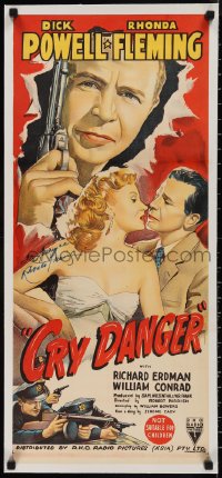 9s0281 CRY DANGER signed linen Aust daybill 1951 by Rhonda Fleming, great art of her & Dick Powell!