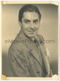 9s0596 TYRONE POWER JR. signed deluxe 5x7 fan photo 1930s great waist-high portrait in suit & tie!