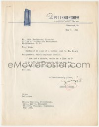 9s0706 GEORGE JESSEL signed agreement 1942 recommending a friend to Henry Morganthau!