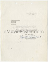 9s0710 JEANETTE MACDONALD signed agreement 1942 letting MGM use a Maytime clip in Shadow of a Lady!
