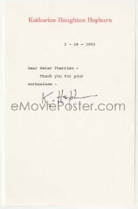 9s0693 KATHARINE HEPBURN signed letter 1993 thanking fan for his enthusiasm on her stationery!