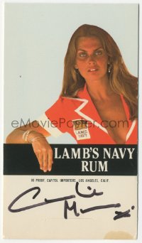 9s0558 CAROLINE MUNRO signed 4x7 advertising table tent 1970s she's endorsing Lamb's Navy Rum!