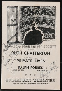 9s0584 PRIVATE LIVES signed playbill 1942 by BOTH Ruth Chatterton AND Ralph Forbes!
