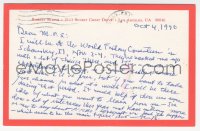 9s0660 ROBERT BLOCH signed postcard 1990 he mentions Psycho, H.P. Lovecraft & Jack the Ripper!