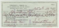 9s0741 VINCENT PRICE signed canceled check 1977 he paid $645.31 to the Blackstone Hotel!