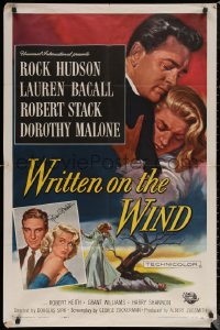 9s0491 WRITTEN ON THE WIND signed 1sh 1956 by Robert Stack, Brown art of Lauren Bacall with Hudson!